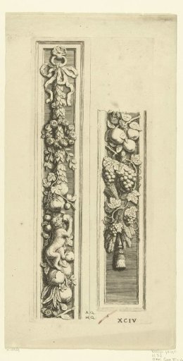 Two parts of a pilaster with festoons of leaves, fruit, and flowers