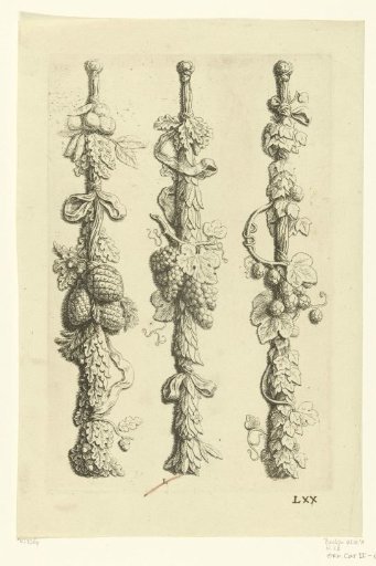 Three festoons of leaves with pinecones, grape clusters, and hop leaves