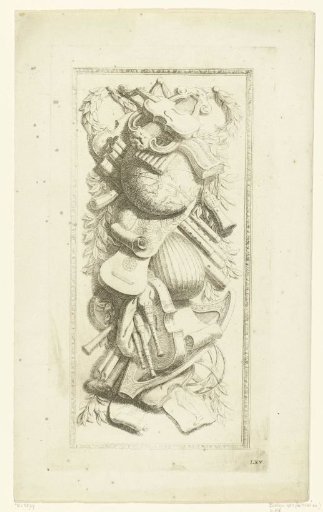 Trophy with musical instruments in an egg-and-dart border