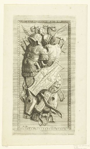 Coat of arms trophy on a panel with an egg-and-dart border