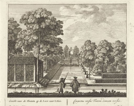 View of a fountain from the avenue to Rosendael Castle