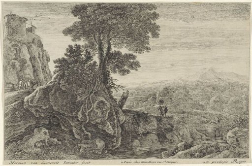 Landscape with a building on a rock