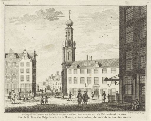 View from the Kalverstraat of the Mint Tower in Amsterdam