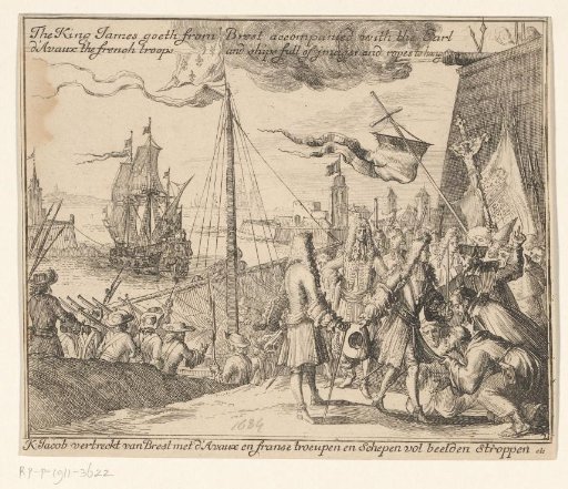 King James II departs with French troops from Brest to Ireland, 1689