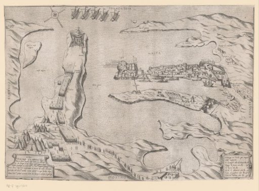 View of the coast of Malta during an attack by the Ottoman Empire in 1551 or 1565, in bird's-eye perspective