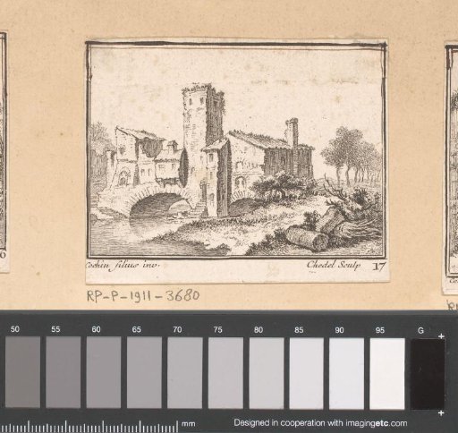 Landscape with a building with a tower on a bridge