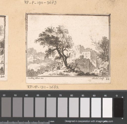 Landscape with two resting figures under a tree, a ruin in the background