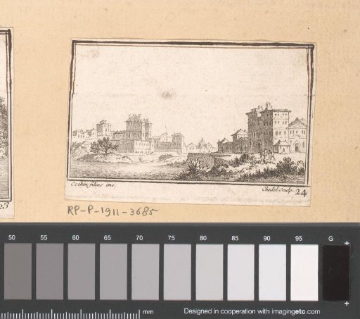 Landscape with three figures at the edge of a town