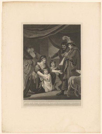 Elizabeth Woodville kneeling with her two children before Edward IV