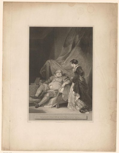 Henry VIII slumped in a chair and looking angrily towards Catherine Parr