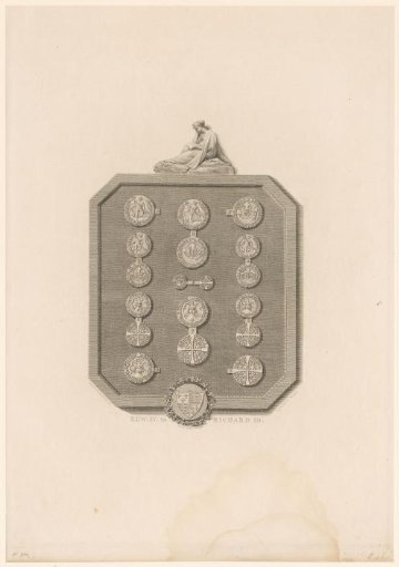Memorial plaque with coins from the time of Edward IV to Richard III