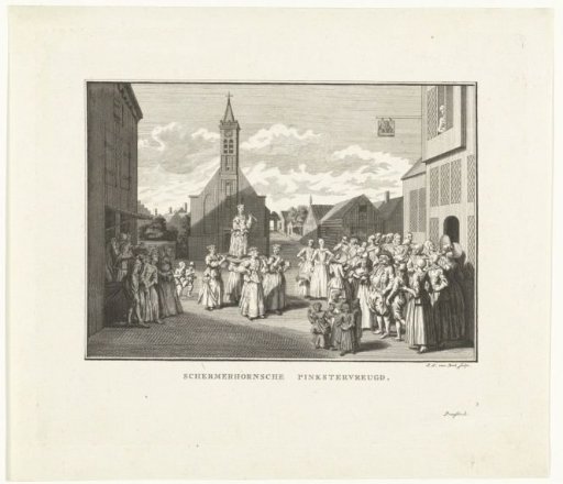 Girl with Flute (Pentecost Flower) Carried on a Bier by Four Girls during Pentecost Festival in Schermerhorn