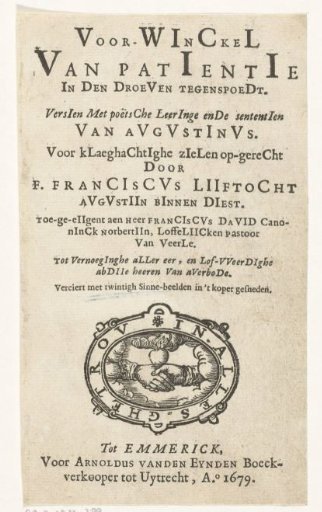 Title page for: Franciscus Lijftocht, Voor-winckel van patientie in den droeven tegenspoedt (…), 1679, vol. 1