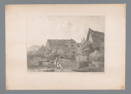 Man with horses at houses by the water