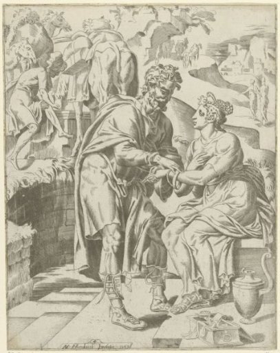 Eliezer gives Rebekah two golden bracelets
