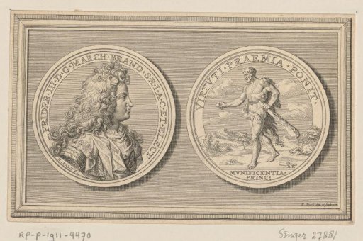 Obverse and reverse of a medal with the portrait of Frederik I of Prussia and Hercules with the golden apple of the Hesperides