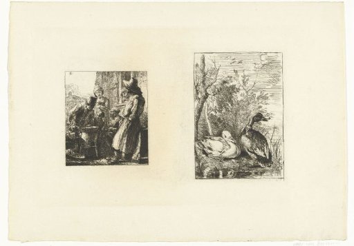 Man roasting chestnuts / Two ducks
