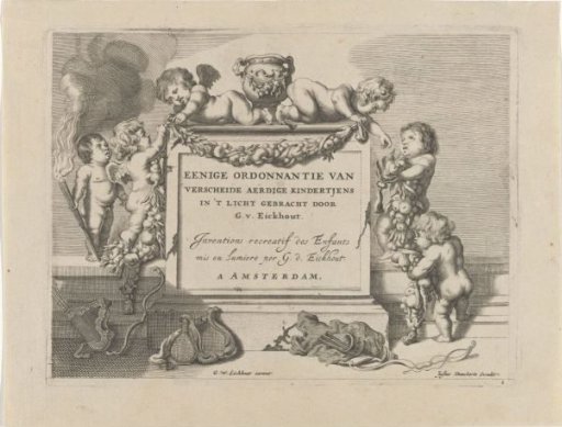 Putti decorating a monument with garlands