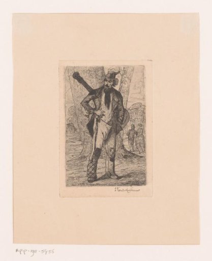 Man with hat and stringed instrument in a landscape