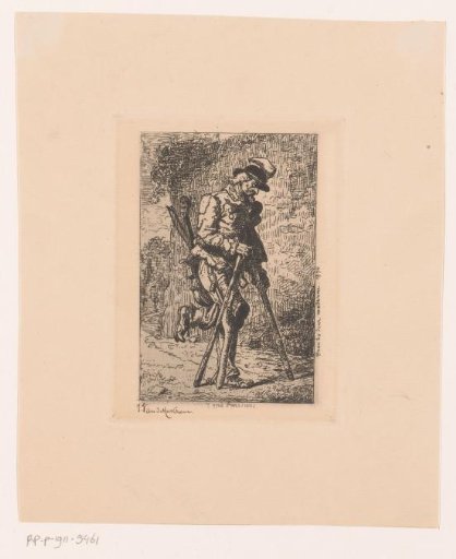 Man with crutches and a musical instrument on his back