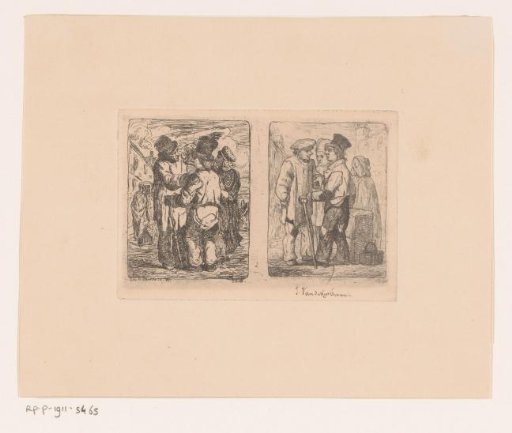 Two representations of a group of figures on the street
