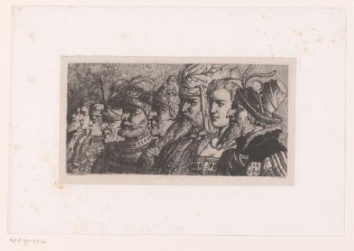 Nine figures in historical dress in a row
