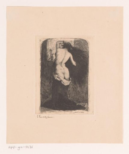 Half-naked woman with long hair seen from the back