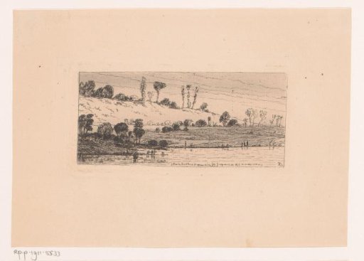 Landscape with rows of trees behind a lake