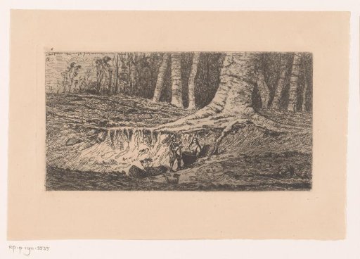 Young woman and a knight under the roots of a large tree