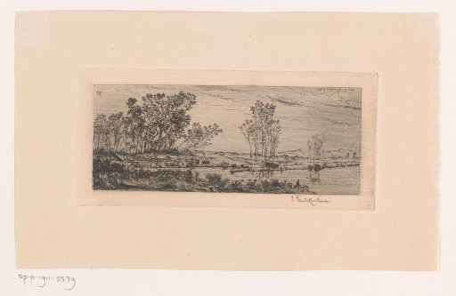 Three groups of trees on the bank of a river
