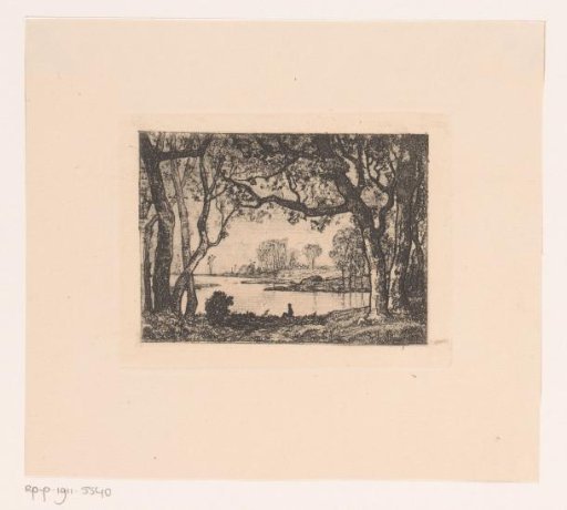 Wooded landscape with a figure on the bank of a pond
