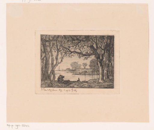 Wooded landscape with a figure on the bank of a pond