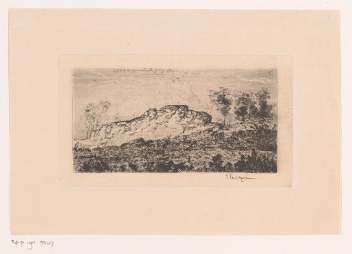Landscape with a rock formation on the left and a few trees on the right