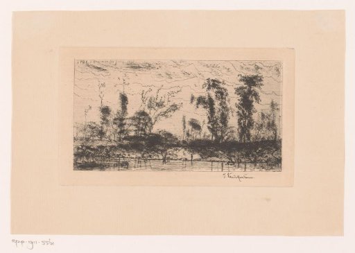 Figure on the bank of a river with trees in the background