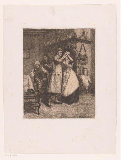 Man and Woman Dancing Under the Direction of Musicians Before a Fireplace