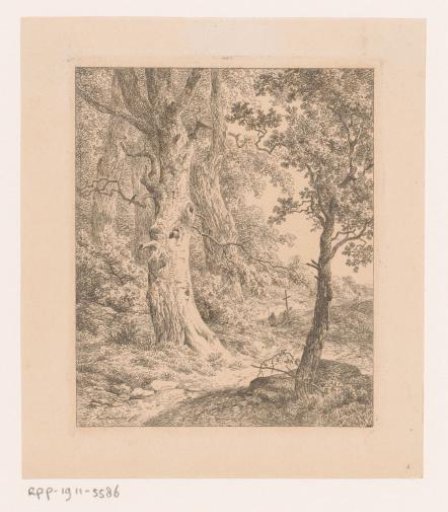Wooded landscape with a figure near a cross