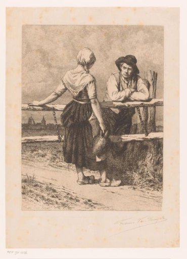 Man with Hat and a Woman with Jug Standing by a Wooden Fence in the Field