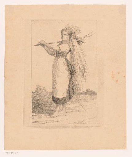 Young Woman Walking Barefoot with a Pitchfork Over Her Shoulder Through the Field