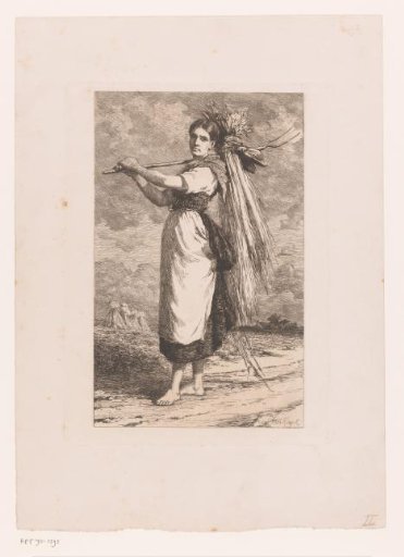 Young Woman Walking Barefoot with a Pitchfork Over Her Shoulder Across the Field