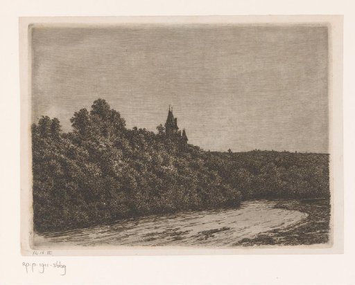 View of a castle on the high left bank of a river