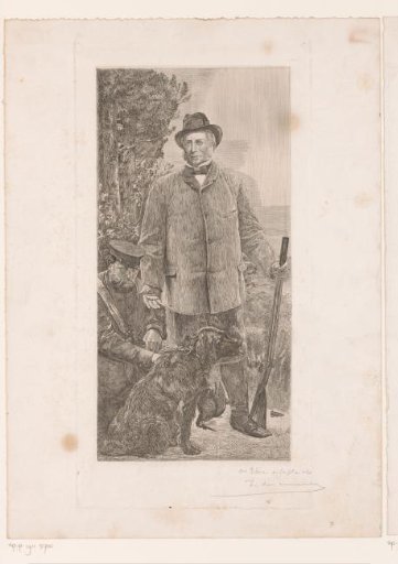 Unknown Man with a Hunting Rifle, Possibly Max van den Berge, Beside Him a Kneeling Second Man and Hunting Dog