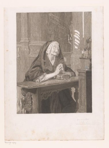 Old woman in a church, praying with rosary and Bible