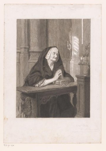 Old woman in a church, praying with rosary and Bible
