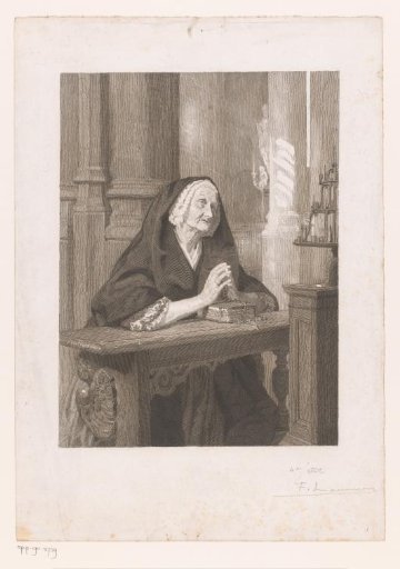 Old woman in a church, praying with rosary and Bible