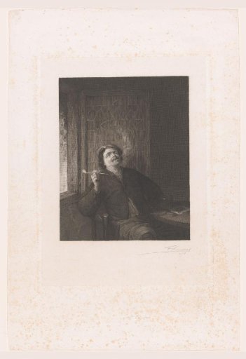 Man smoking a pipe at an open window