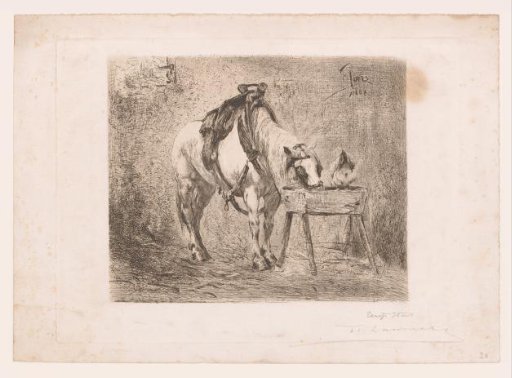 Horse and a chicken at a trough