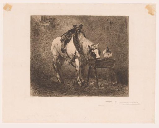 Horse and a chicken at a trough