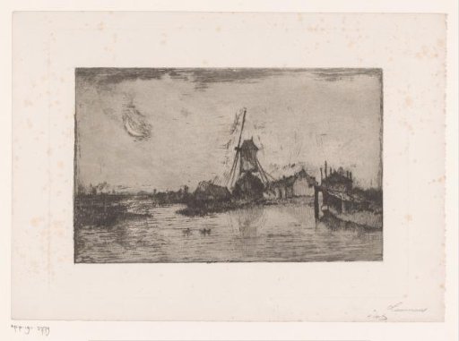 Moonlit Landscape with Windmill and Several Buildings by a Lake