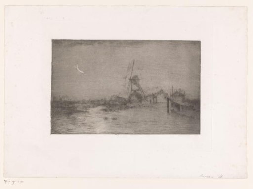 Moonlit Landscape with Windmill and Several Buildings by a Lake