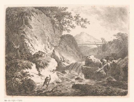 Mountain landscape with cascade and a standing man in the water